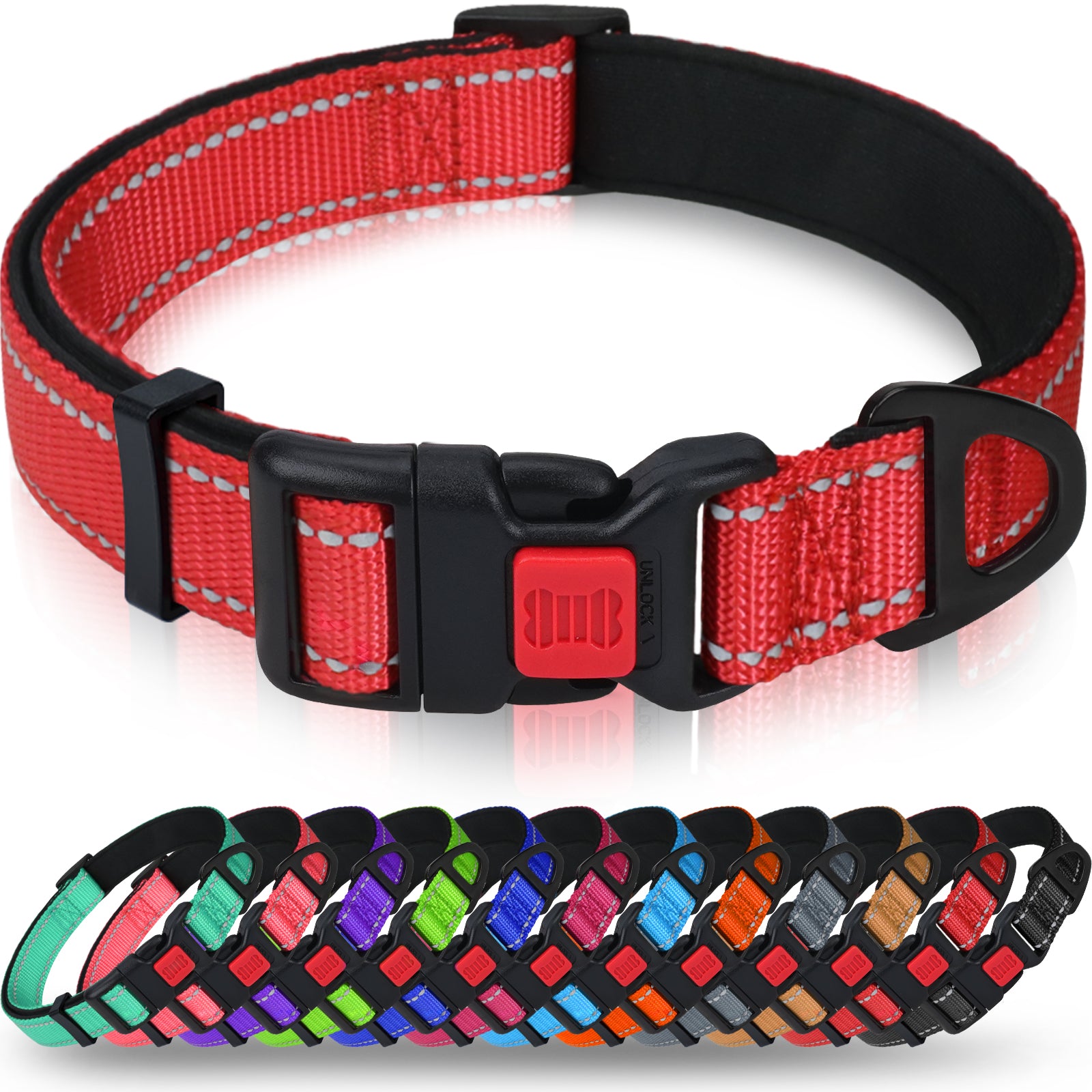 Taglory Collars for Animals Reflective Dog Collar with Safety Locking Buckle, Adjustable Nylon Dog Collars for Medium Dogs Female Male, Red, M
