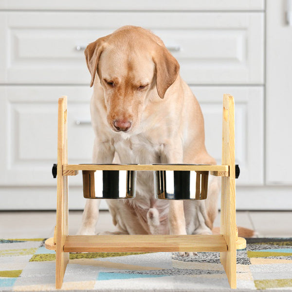 Adjustable Non-Slip Pine Elevated Dog Food Bowl Rack