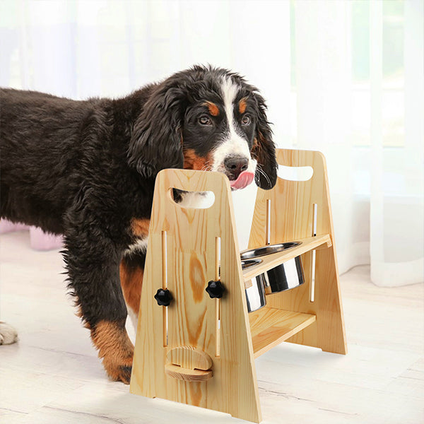 Adjustable Non-Slip Pine Elevated Dog Food Bowl Rack